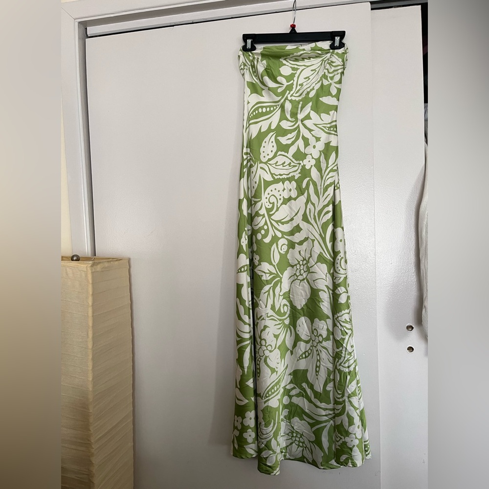 Strapless Satin Green and White Floral Maxi Dress